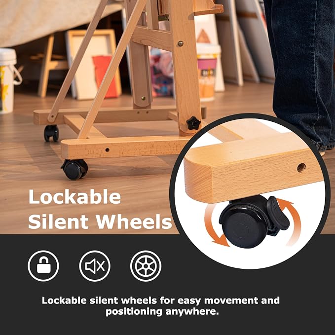 DJAR Large H-Frame Art Easel for Painting, 360° Casters Wheels, Natural