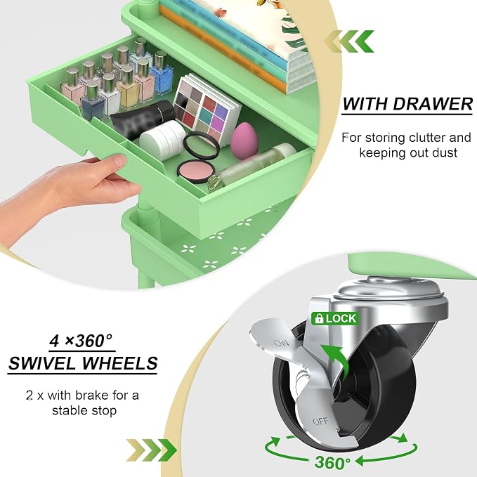 Goovilla 3 Tier Rolling Utility Cart Organizer with Removable Drawer, Green | Stable and Sturdy Rolling Storage Carts with 2 Lockable Wheels for Bathroom, Kitchen, Snack, Craft, Makeup, Baby Essentials