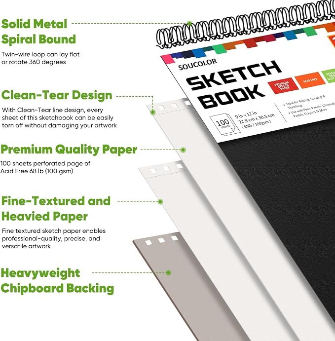 Soucolor Sketch Book 9" x 12", 100 Sheets Kids Art Sketchbook Drawing Pad | 68lb Acid-Free, Fine-Texture Paper, Top Spiral for Lay-Flat, Gift for Teens Girls Boys Beginners Adults, School Art Supplies