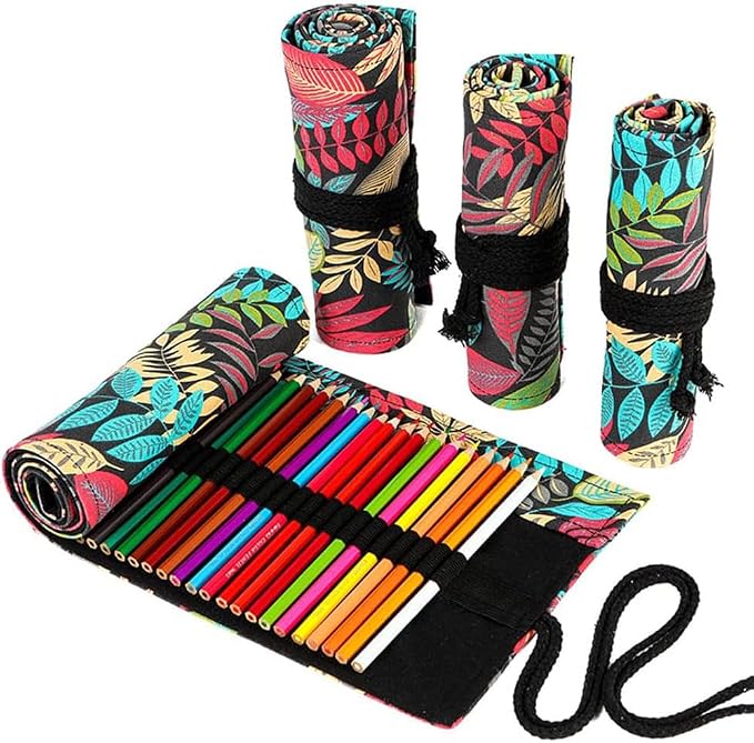 DIYOMR 12/24/36/72 Slots Pencil Wrap Pencil Rolls, Artist Colored Pencil Roll Up Bag Short Brush Pouch Case Pencils Organizer for Drawing Coloring and Sketching, No Pencils (Colorful Leaves, 12slots)
