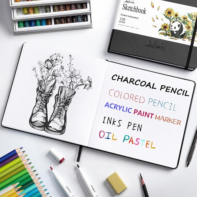 Sketchbook for Drawing, 120 Pages Sketch Book, 122LB/180GSM Thick Paper | Mixed Media Sketchbook for Charcoal Pencil, Inks Pen, Colored Pencil, Acrylic Marker, Oil Pastel