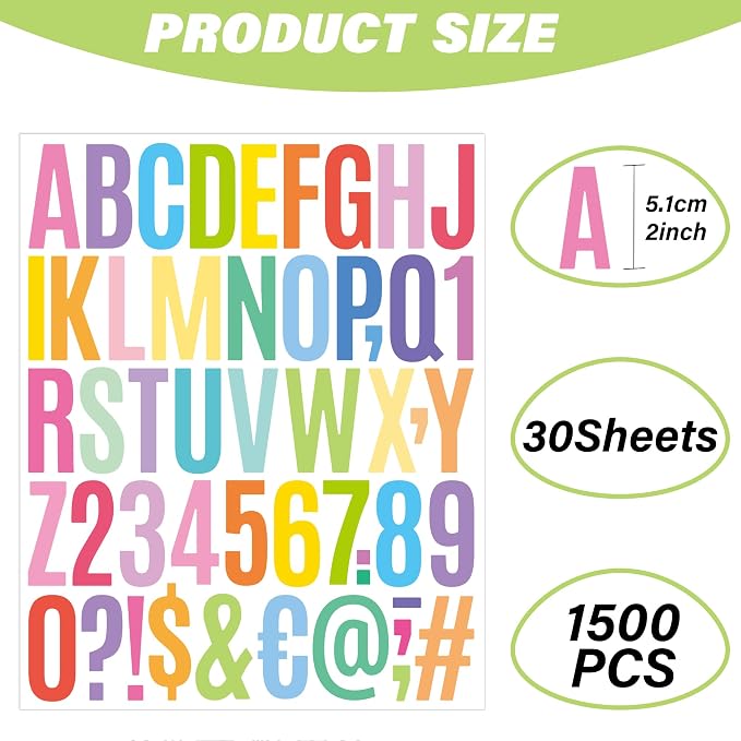 Letter Stickers 30 Sheets 1500 PCS Large 2 Inch Alphabet Stickers, Pastel