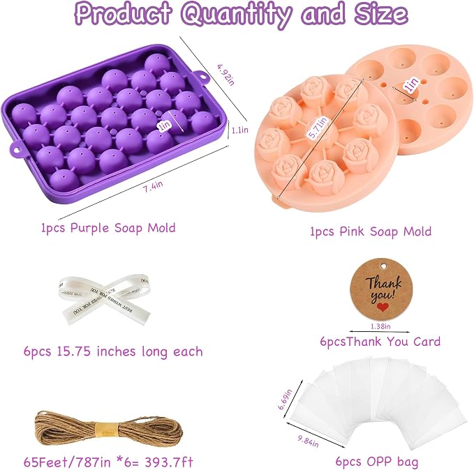 Soap Making Kit with 2 Silicone Molds (Grape & Rose), Gift Bags, Gift Tags, Ribbons & Jute Twine - 26 Pcs DIY Craft Set,Mold for Handmade Soap Making Gift - Idea for Adults & Crafters