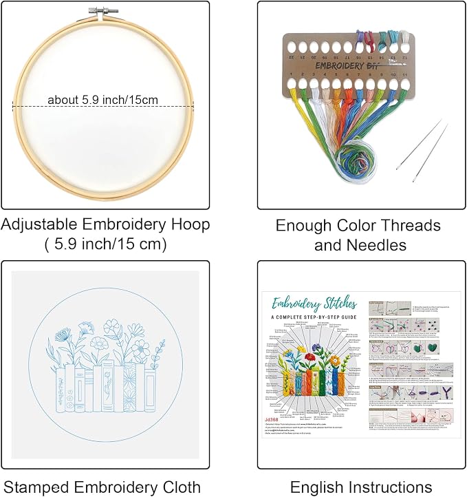 Louise Maelys Floral Books Embroidery Kit for Beginners DIY Needlework | Decorate Reading Spaces with Cross Stitch Kits. Complete Needlepoint Kit for Adults to Enjoy Creative Crafts and Gifts