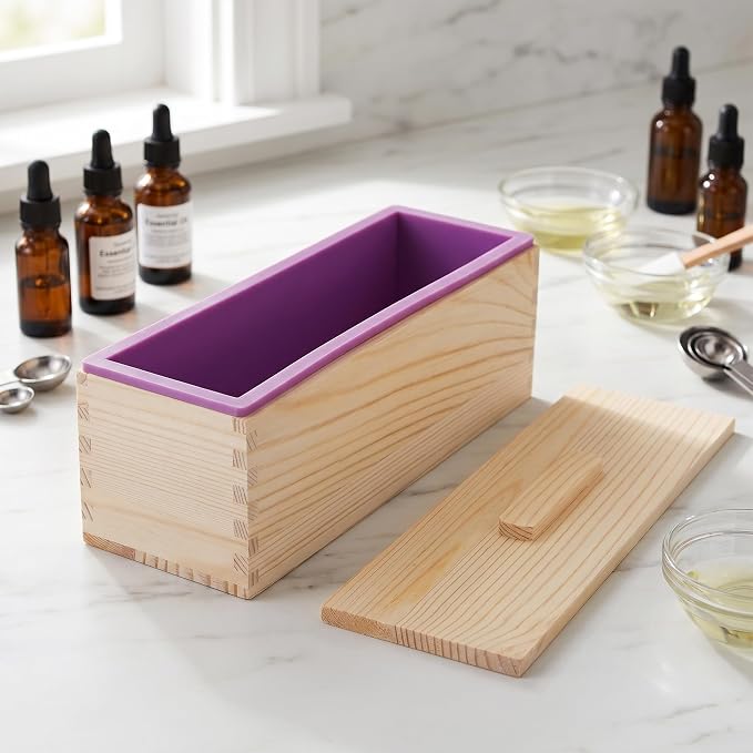 4PCS 42oz Silicone Soap Kit, Purple Rectangular Silicone Loaf Soap Making with 4 Wooden Boxes and 4 Lids, DIY Supplies for Soap Making