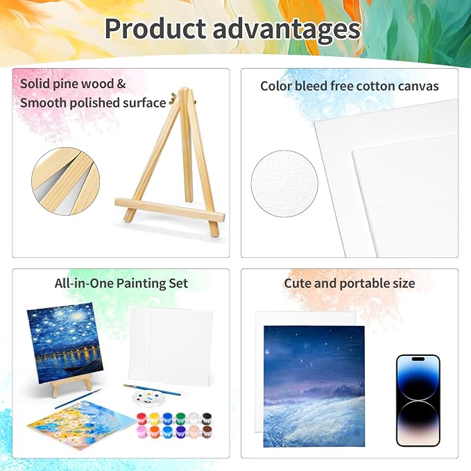 16 Pack 8 * 10In Canvas Boards for Painting, Art Canvas for Drawing with 32 Brushes & 16 Paint Trays & 32 Acrylic Paint, Mini Painting Canvas with Easel Set, Painting Kits for Adults Party