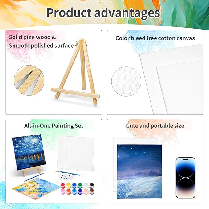 2 Pack 8 * 10In Canvas Boards for Painting, Art Canvas for Drawing with 4 Brushes & 2Paint Trays & 4 Acrylic Paint, Mini Painting Canvas with Easel Set, Painting Kits for Adults Party