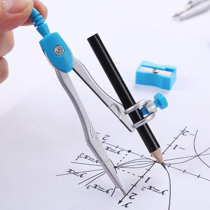 Unjoo Math Geometry Set 10 Pcs, Compass and Protractor for Students(Blue) | Shatterproof Storage Box,Rulers,Protractor,Compass,Eraser,Pencil Sharpener,Lead Refills,Pencil,for Classroom, Back to School