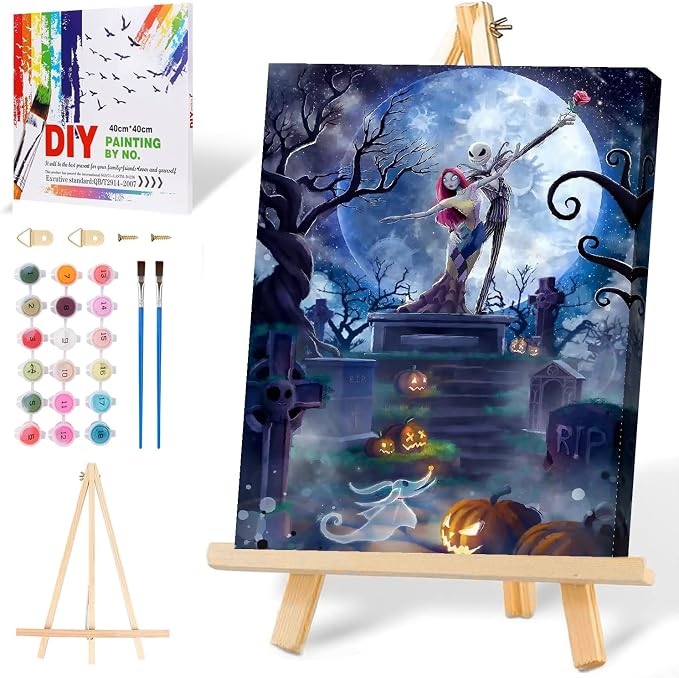 MIRCVSH Halloween Paint by Numbers for Adults with Framed Canvas-with Wooden Easel,Paint by Number on Canvas,DIY Acrylic Oil Painting Kits with Brushes Nice Gift Box for Home Wall Decor(12x16 Inch)