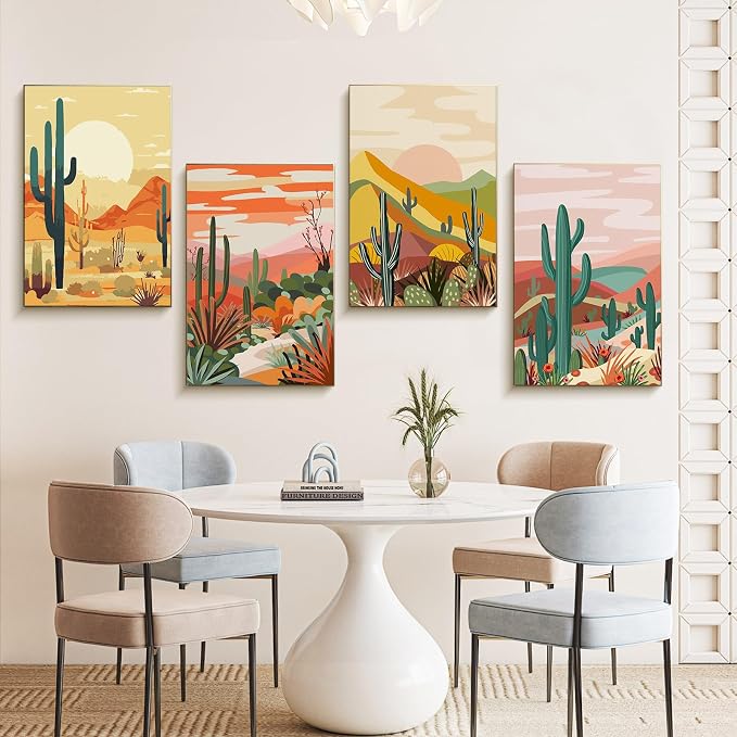 4 Pack Framed Paint by Numbers Kit for Adults with Wooden Easel, 8x12 Inch | Desert Cactus, Easy DIY Acrylic Canvas Craft Kit with Frame for Beginners, Home Decor, Stress Relief Relaxing Hobby Gift