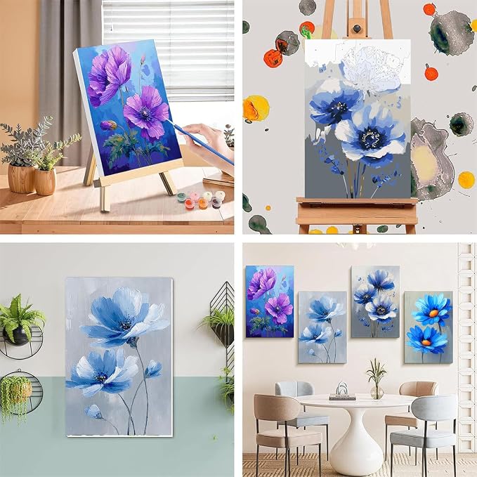 4 Pack Flower Paint by Numbers for Adults with Framed Canvas - Wooden Easel | Easy Flower Paint by Number for Beginners, Flowers Acrylic Oil Painting on Canvas with Brushes for Home Wall Decor 8x12 inch