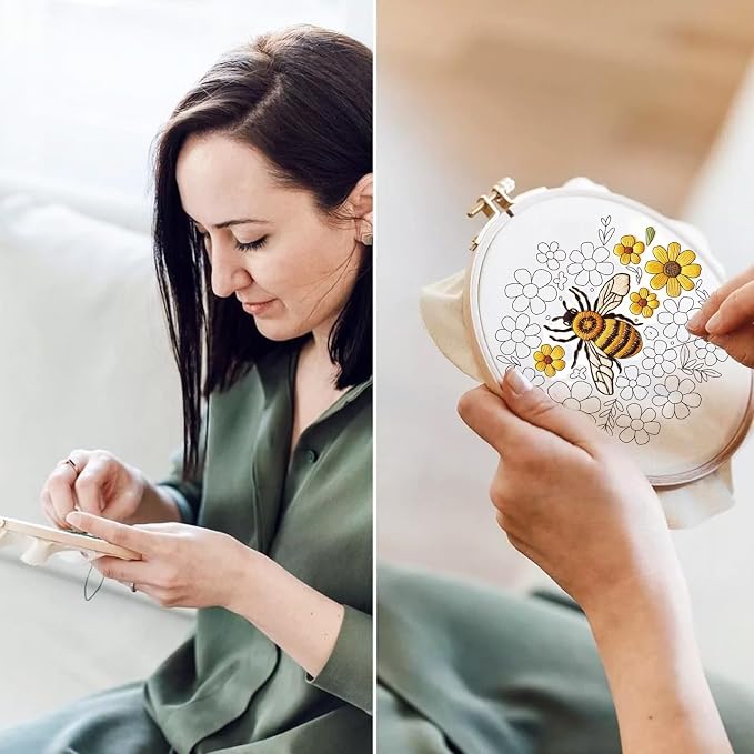 ORIGACH 6 Pack Bees & Flowers Embroidery Kits for Beginners, DIY Starter Hand Embroidery Kit with Floral & Bees Patterns and Instructions for Adults Women Crafting