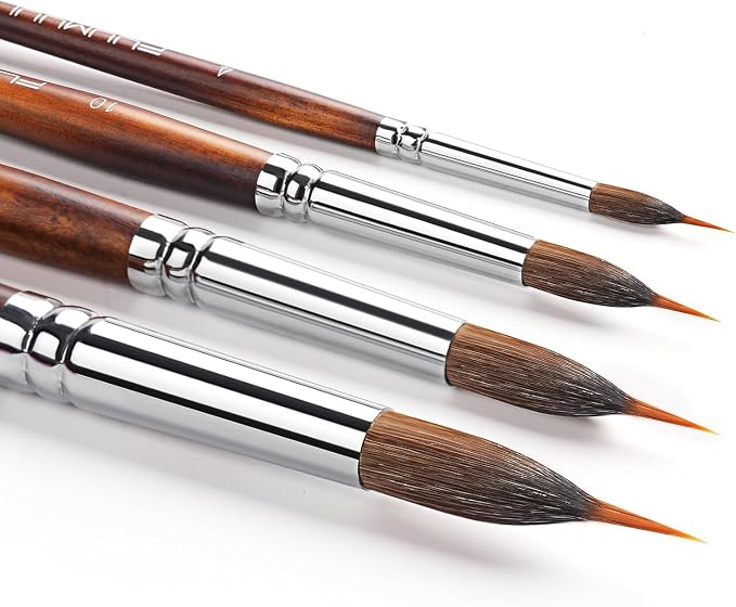 Watercolor Brushes Professional, Fuumuui 4Pcs Extended Needle Point Brushes Synthetic Extra Long Pinhead Brush with Sable Body for Fine Detailing - Watercolor Acrylic Gouache Inks Painting