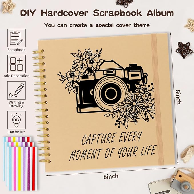 Scrapbook Album 8x8 inch, Travelling Journal Scrap Book Family Scrapbook Scrapbooking Supplies Kits Gift for Couples Anniversary Wedding (brown, 8 x 8 inch)