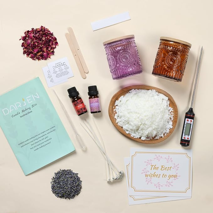 DARJEN Candle Making Kit for Beginners, 2 Jars Soy Wax Scented DIY Set | 100% Soy Wax, 10oz Glass Jars, Natural Cotton Wicks, Pleasant Scents, Instruction& More- Perfect as Home Decorations