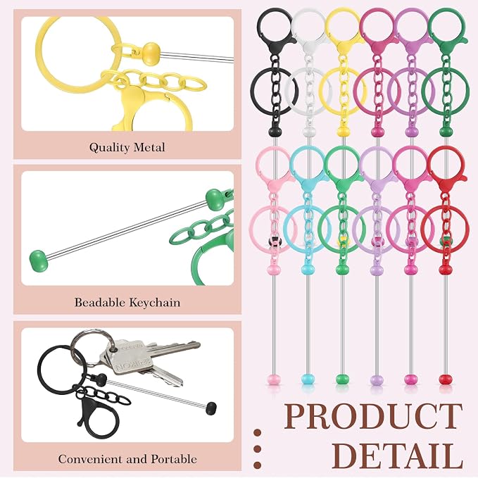 Tondiamo 12 Pcs Beadable Keychains Bars Bulk Blank Beaded Metal Keychain for Craft DIY Gift