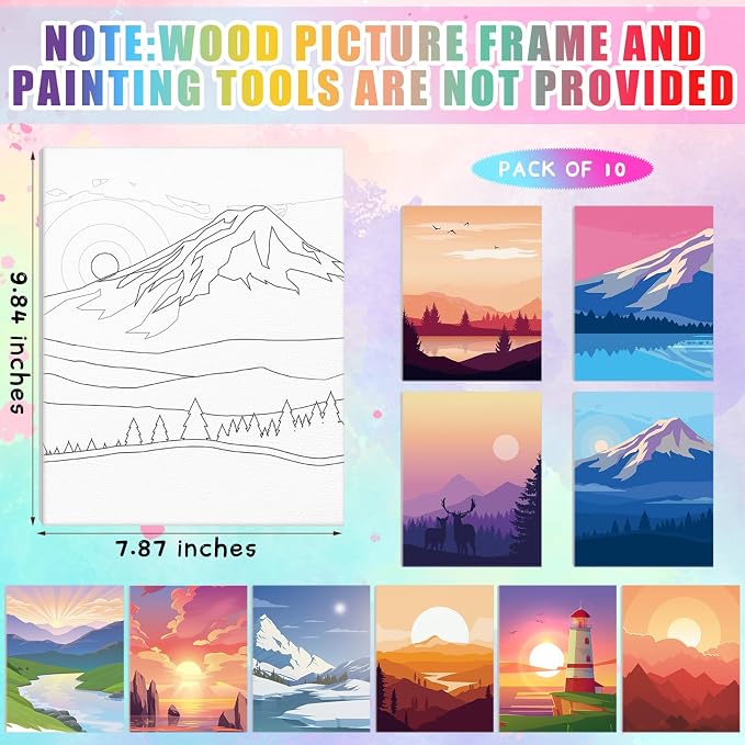 Chuangdi 10 Pcs Landscape Pre Drawn Canvas for Painting Pre Printed Paint and Sip Party Supplies 8 x 10 Inch Stretched Outline Board Painting Kit for Adults Beginner Artist DIY