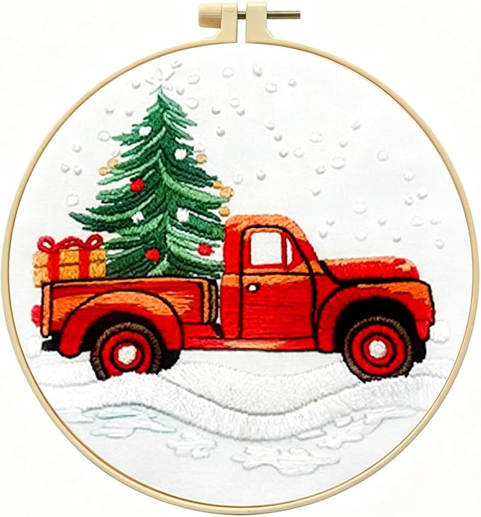 Zhenqing Christmas Red Truck Embroidery Kit for Beginners, Tree and Gifts Needlework Kit with Pre-Printed Fabric, Hoop, Threads & Tools (C0029)
