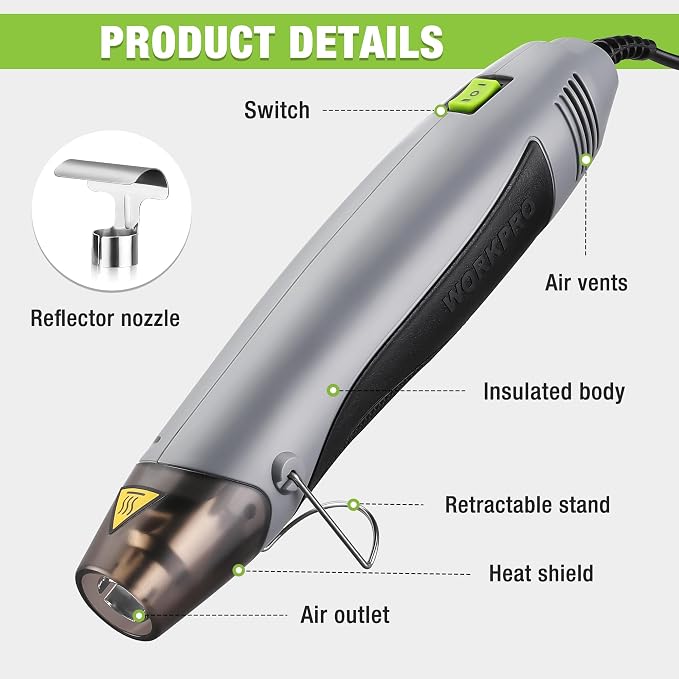 WORKPRO 400W Mini Heat Gun with Reflector Nozzle and 2 Temp Settings | 482℉/842℉ Dual Temperature Settings, 5.9ft Cable, Overload Protection, Ideal for Crafts, PVC Shrink Wrapping and Embossing