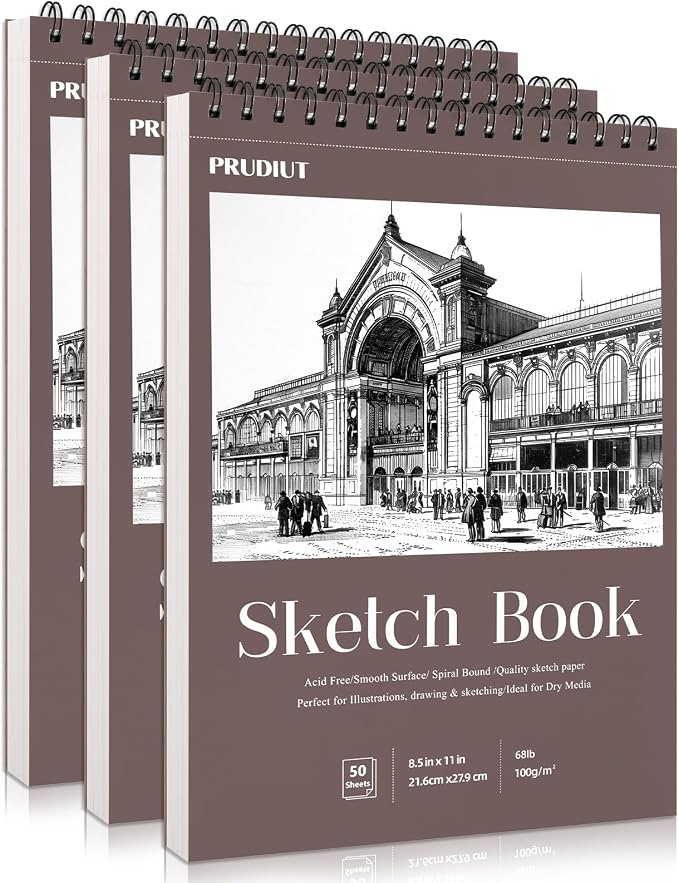 3 Pack Sketch Book 8.5 × 11 in, Spiral Bound, 50 Sheets Each | 68Lb/100gsm Acid-Free Paper, Perforated Pages, Sturdy Backboard, for Pencil Charcoal Pastel And Pen