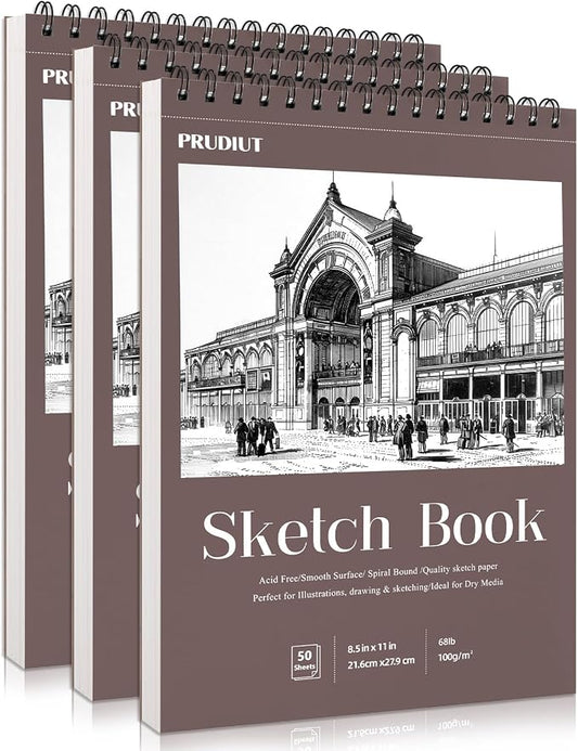 3 Pack Sketch Book 8.5 × 11 in, Spiral Bound, 50 Sheets Each | 68Lb/100gsm Acid-Free Paper, Perforated Pages, Sturdy Backboard, for Pencil Charcoal Pastel And Pen