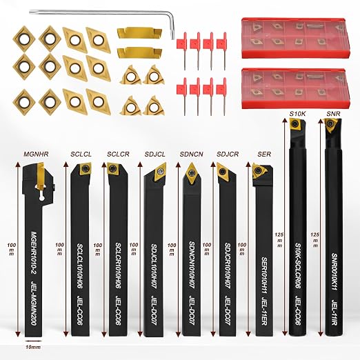 Indexable Lathe Turning Tool 27Pcs Kit 3/8'' 10mm Shank, 9Pcs Metal Lathe Tools Holder Set with 18Pcs Inserts, for Turning Grooving Threading Boring, Lathe Tooling with Reverse Tool Design