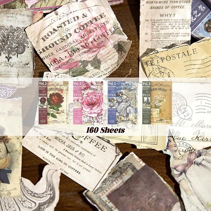 160Pcs Vintage Scrapbook Paper, Double-Sided Junk Journal Paper, 4 Styles