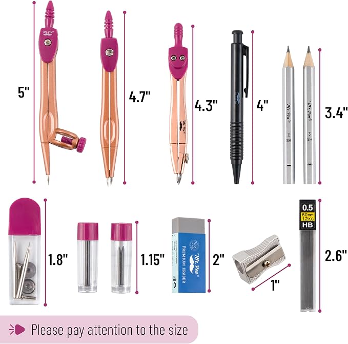 Mr. Pen- Geometry Set, 15 pcs, Rose Gold & Pink | 6 Inch Swing Arm Protractor, Divider, Set Squares, Ruler, Compasses and Protractor