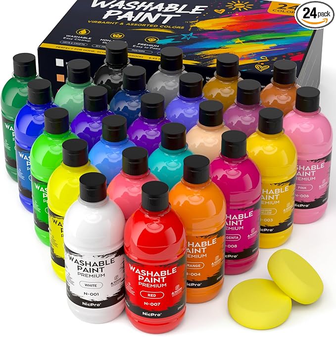 Nicpro 24 Colors Large Washable Paint Set for Kid (8.45oz), Acrylic Bulk | Paint Supplies Non Toxic Tempera Paint for Art, Craft DIY, Poster & Finger Paint, School, Home, Teacher Classroom Must Haves