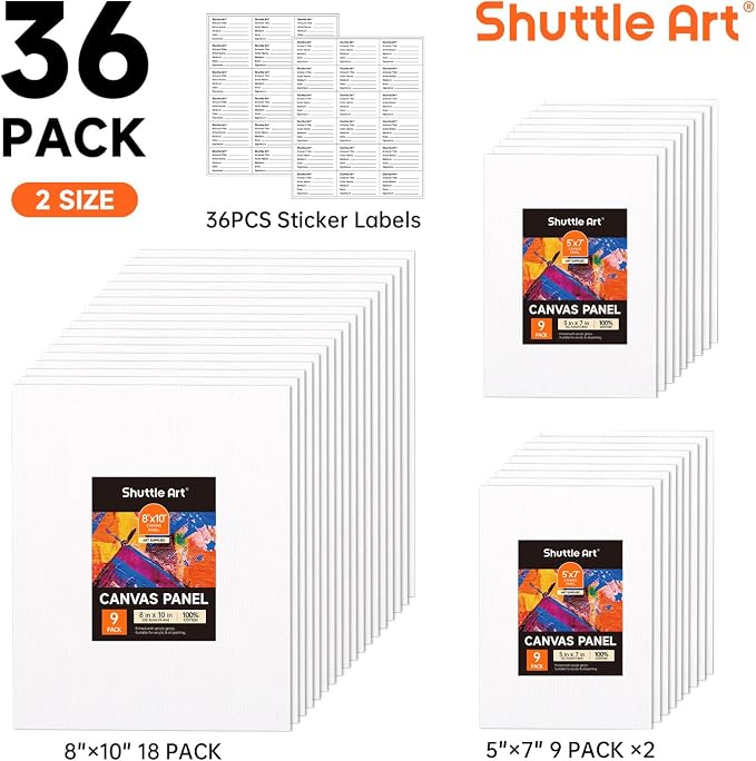Shuttle Art 36 Pack Canvas for Painting, 5x7 & 8x10 Inch(18 of Each), Primed, 100% Cotton Blank Canvas Boards for Painting, Ideal Art Supplies for Kids Adults Artists Acrylic Oil Painting