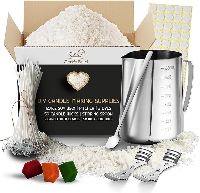 CraftBud Soy Candle Making Kit for Adults & Kids, 12.4Oz Soy Wax, 108 PC DIY Kit Includes Wax Melter, Wicks, Dyes & More