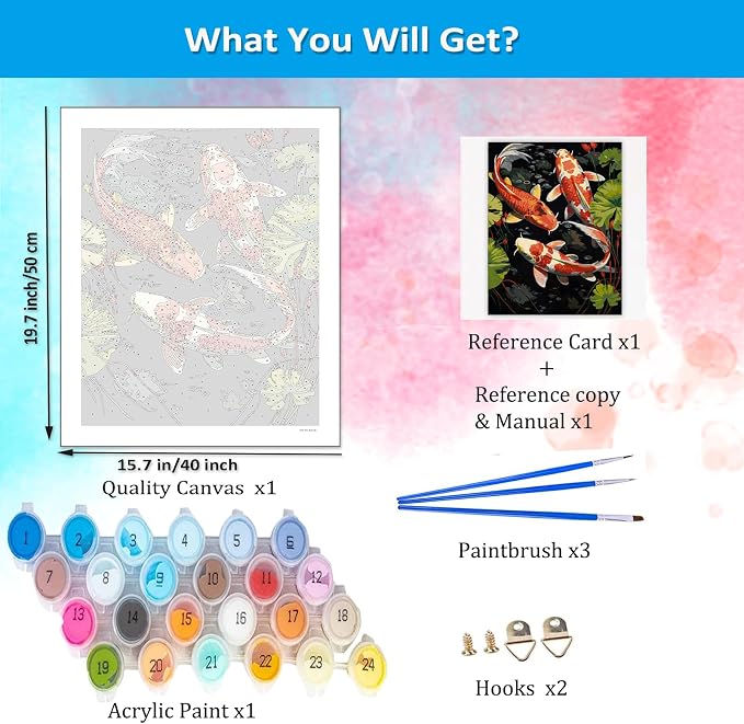 Artunion Koi Fish Paint by Numbers Kit for Adults,Fish Animals Paint by Number Kits, DIY Oil Painting Paint by Number Kits on Canvas Arts Craft for Home Wall Decor 16x20 Inch