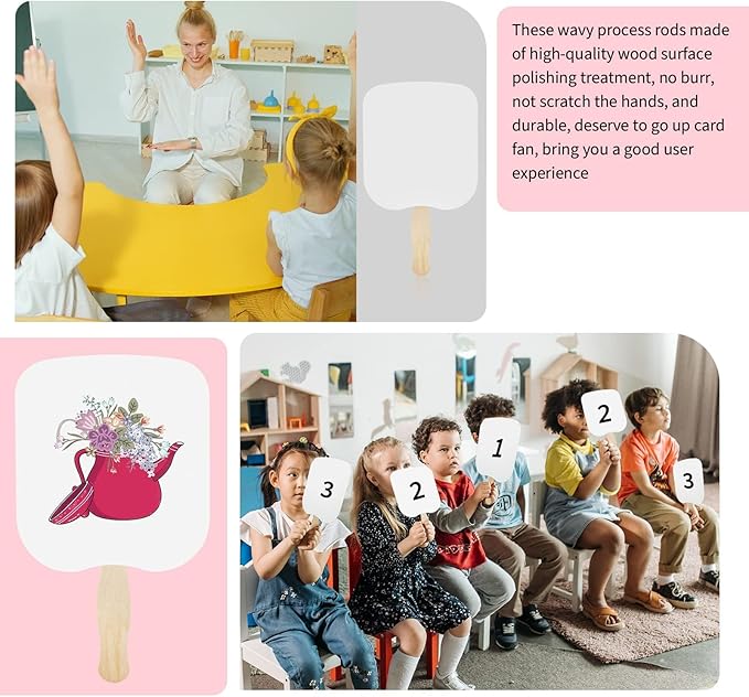 94 Pcs Church Fans Handheld Set, 60 Cardstock Paper Fans with 30 Wavy Wooden Sticks and 4 Rolls of Double-Sided Tape, Handheld Blank White Cardstock for DIY Crafting Painting Custom Fans