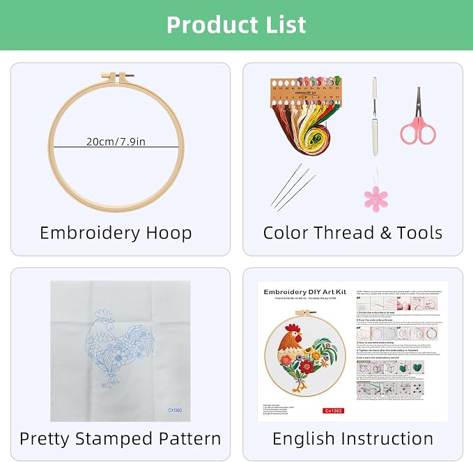 Herdiese Embroidery Kit for Beginners & Adults, Rooster Flower Cross Stitch | Stamped Cross Stitch Kit Including Fabric, Hoop, Threads, Needles & Instructions, Complete DIY Hand Sewing Craft Set