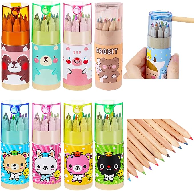 Tergy 8 Packs Mini Colored Pencils with Sharpener in Tube Portable Drawing Art Cartoon Pencils for 3 Years and Up Kids Adults Writing Sketching Painting,12 Colors in Tube