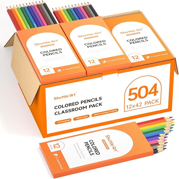 Shuttle Art 504 Colored Pencils Bulk, 12 Vibrant Colors, Pack of 42, Pre-sharpened Coloring Pencils, Wood Colored Pencil for Kids Teachers, Classroom Essentials, Back to School Supplies