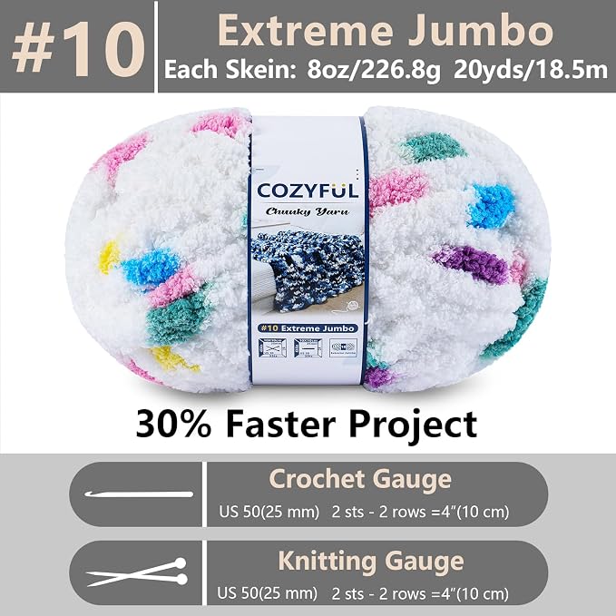 Cozyful Chunky Yarn for Hand Knitting - #10 Chunky Chenille Blanket Yarn, Jumbo Big Thick Chunky Yarns for Crocheting, Tie Dye Bulky Knit Yarns, 8 Skein (20 yds 8 oz Each Skein), Rainbow & White