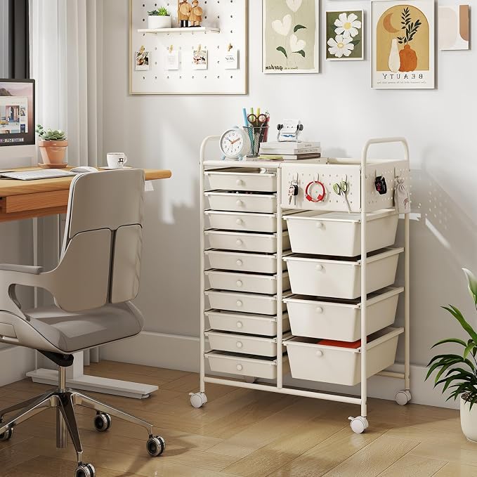 Giantex 14 Drawer Storage Cart, Rolling Craft Cart with Metal Tabletop & Pegboard, Mobile Utility Organizer Trolley with Locking Wheels, Home Office, Ivory