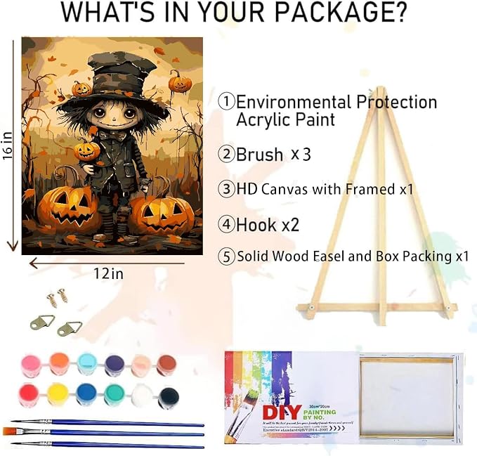 Halloween Paint by Numbers for Adults with Framed Canvas-with Wooden Easel,Paint by Numbers Kits Framed Canvas,DIY Acrylic Oil Painting Kits with Brushes Nice Gift Box for Home Wall Decor(12x16 Inch)