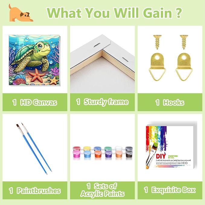 ajepon Sea Turtle Paint by Numbers Kit for Kids with Frame - Cute Tortoise Paint by Number for Kids, Kid Painting by Number Kits Age 8-12 for Home Wall Decor 8X8inch (with Wooden Easel)