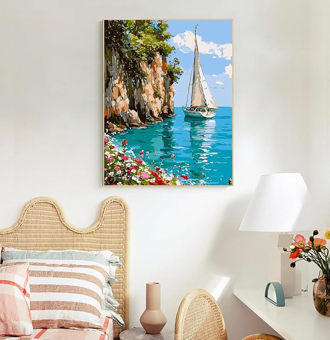 Mrnsiet Sailboat DIY Paint by Numbers for Adults, Coastal Sail Boat Paint by Number for Beginners, DIY Landscape Painting by Number Kits Oil Paint Drawing Canvas Home Decor 16x20 Inch