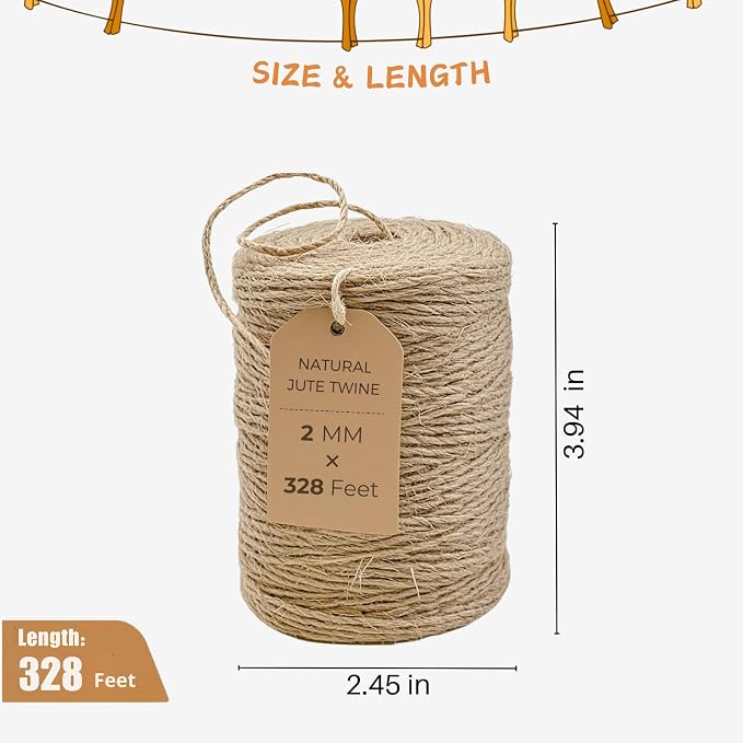Jute Twine 2mm Thick - 328 Feet Brown Yarn, Natural Burlap String | Natural Jute & Burlap - Strong, Durable Twine for Crafts, Gift Wrapping, Gardening & Decor. Premium Brown Yarn for DIY.