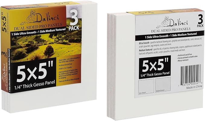 Jerry's Artarama Da Vinci Dual Sided Pro Panel Board - 3-Pack, 5x5" 6mm Deep Panels for Painting - Archival, Acid-Free Art Supplies - Ultra-Smooth & Medium Textured Paint Surfaces