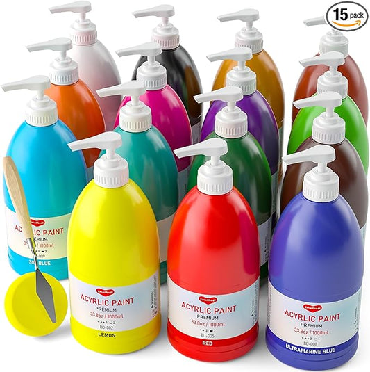 Smallbudi 15 Colors Large Bulk Acrylic Paint Set 33.8oz/1000ml for Artists | Rich Pigment Art Painting Supplies Non Toxic Acrylic Kit for Kid & Adult Painting on Canvas Wood Fabric Rock Craft, with Pump