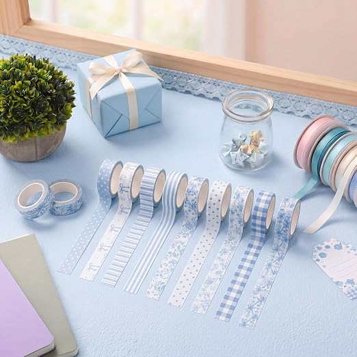 12 Rolls Floral Washi Tape Set,Blue and White,Floral | Watercolor Flowers Design for Scrapbook Journal DIY Craft School Supplies, 15 mm Vintage Decorative Masking Washi Tapes