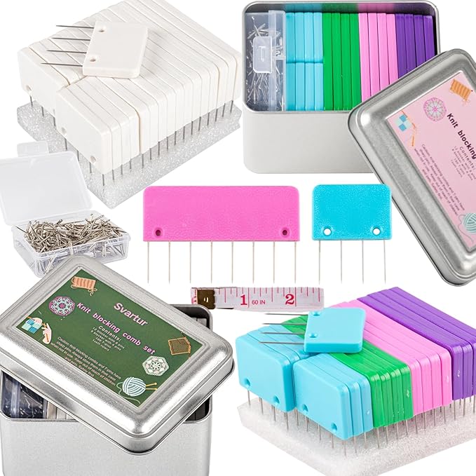 Svartur Pack of 2 Knit Blocking Pins, Total 40 Crochet Knitting Combs & 200 T-Pins, Tin Cases, Rainbow Blocking Combs for Crochet and Knitting, White & Multicolor