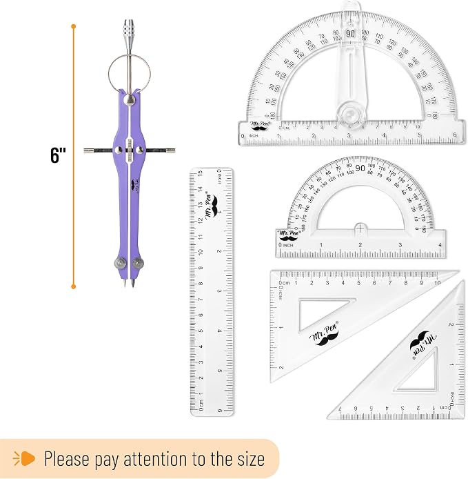 Mr. Pen- Geometry Set, 15 pcs, Purple, 6 Inch Swing Arm Protractor, Divider | Set Squares, Ruler, Compasses and Protractor