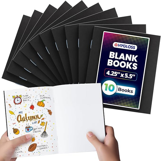 Hygloss Blank Books - Bulk 10 Pack – 4.25" x 5.5" A6 Black Paperback Blank Books for Kids to Write Stories, Doodle, Arts & Crafts – Plain Drawing Sketchbook, Unlined Journal, Notebook Without Lines