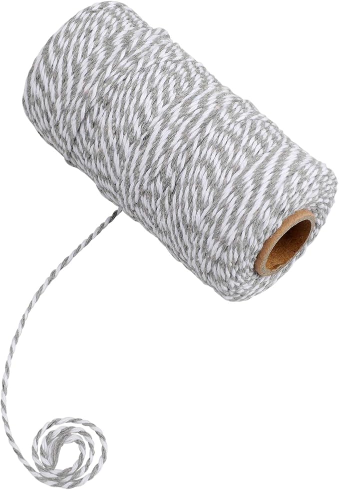 jijAcraft Gray and White Twine String, 328 Feet Christmas Bakers Cotton String, 2MM Heavy Duty Packing Twine for DIY Crafts, Christmas Decoration, Gift Wrapping, Craft Wrapping