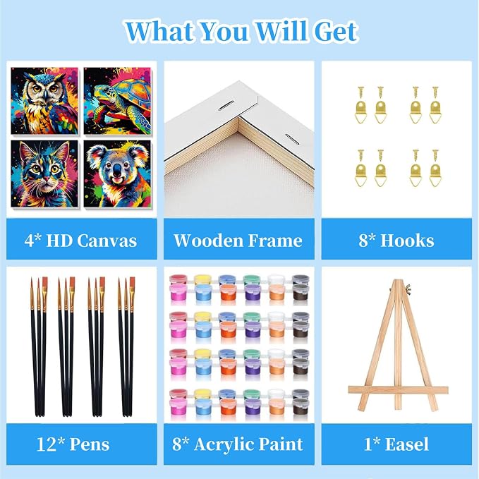 Arttoplus 4 Pack Paint by Numbers Kit for Kids with Frame 8x8in, Animals | Kids Paint by Numbers Ages 4-8-12 with Wooden Easel, Easy Owl Koala Cat Turtle DIY Oil Painting by number for Gift Home Decor